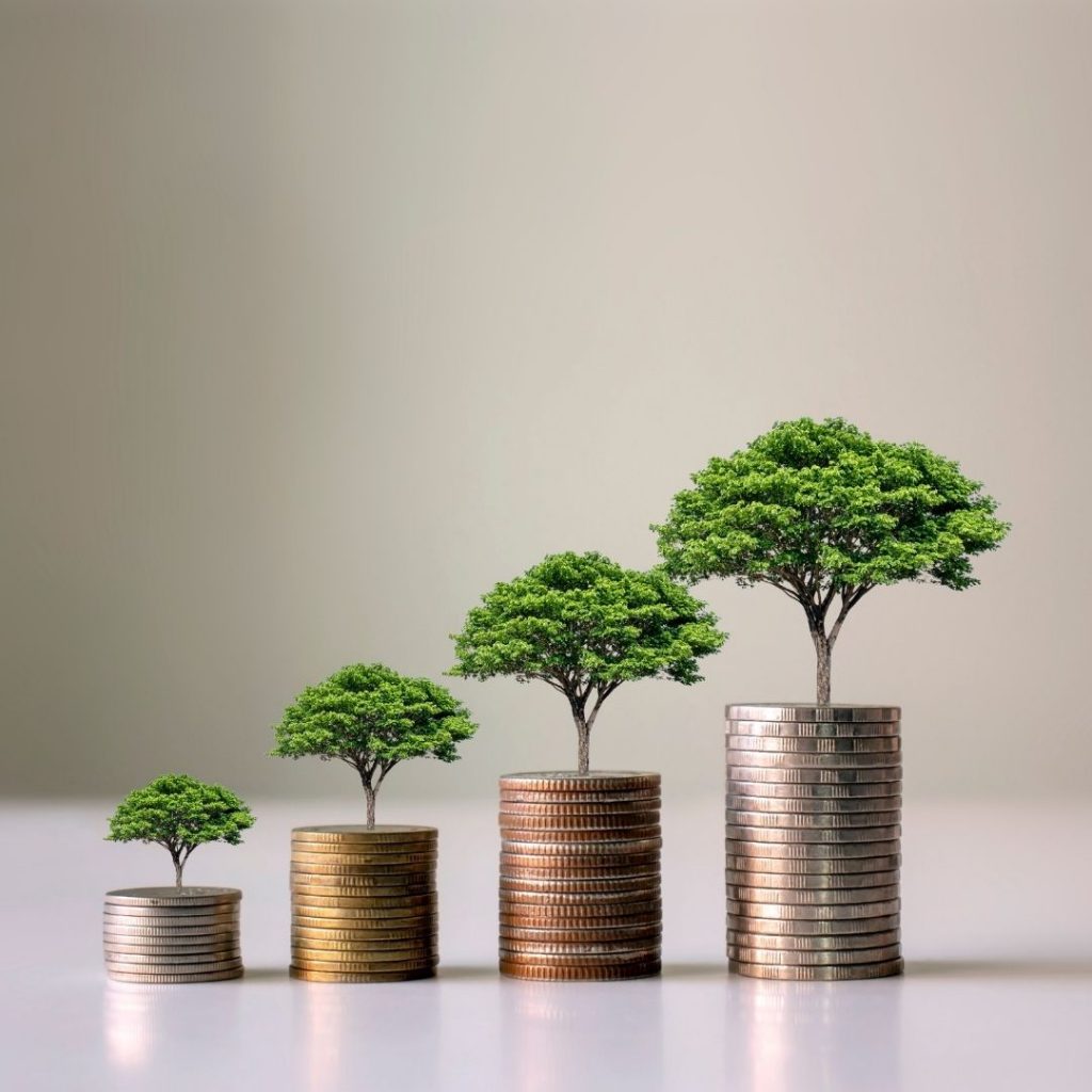אילוסטרציה של עצים הגדלים מערימות של מטבעות כסף